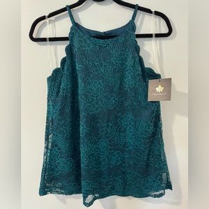 NWT Fortune Ivy Small Lace Forest Green Halter Top Blouse Crotchet Dark Scallop
